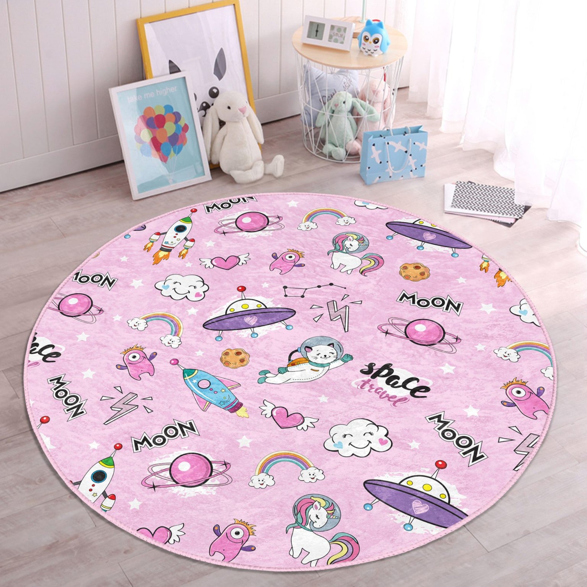 Cosmic Cat Adventure Kids Rug featuring vibrant colors and playful cat designs, perfect for children's rooms.