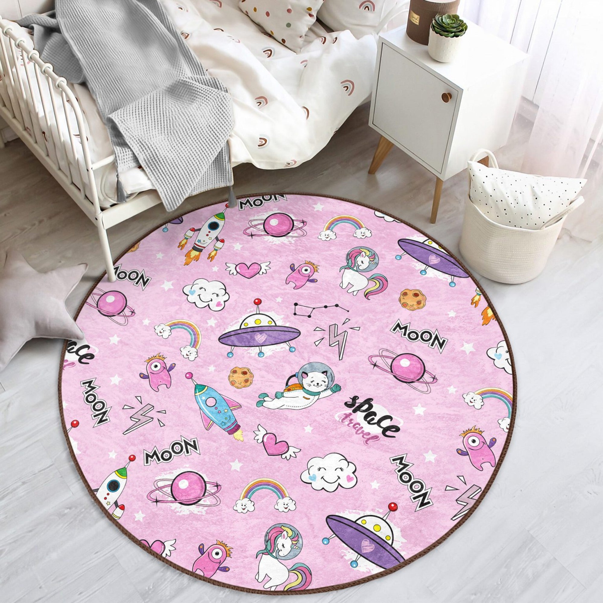 Cosmic Cat Adventure Kids Rug featuring vibrant colors and playful cat designs, perfect for children's rooms.