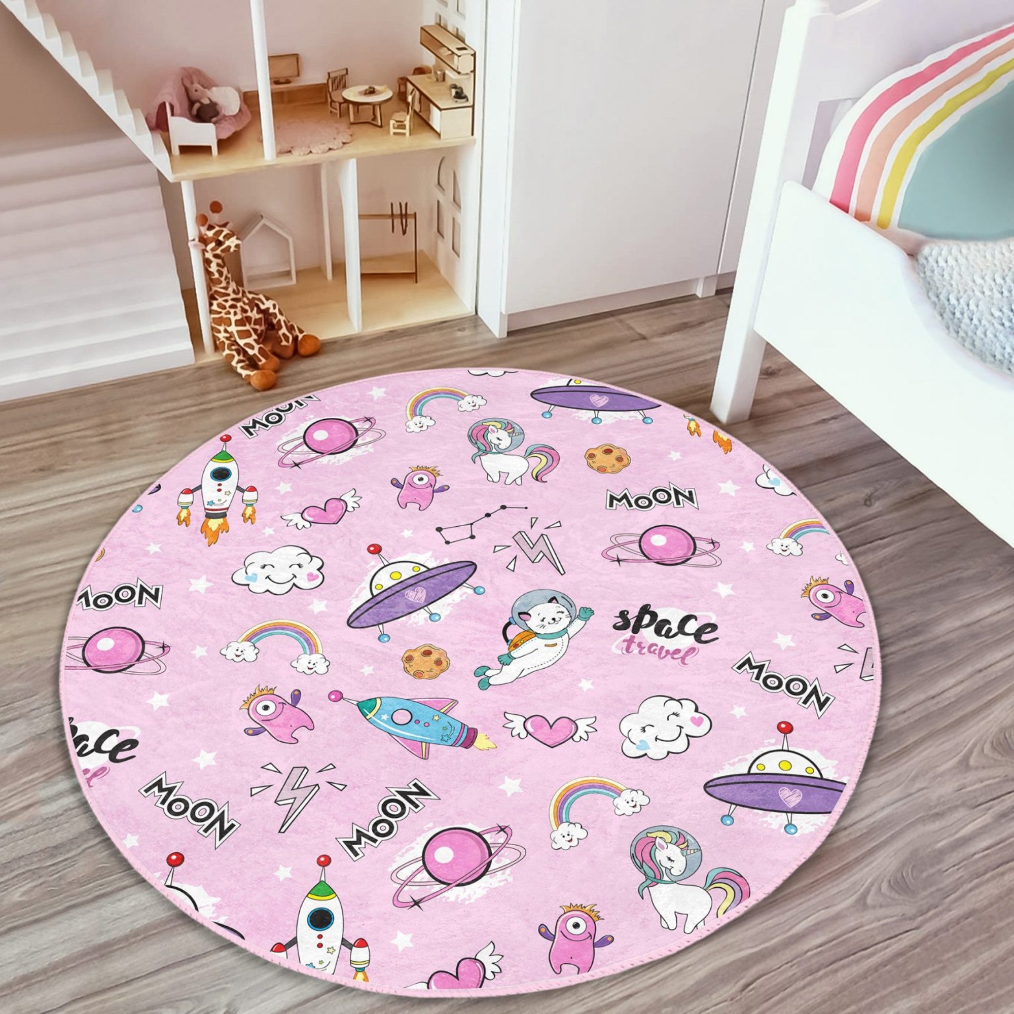 Cosmic Cat Adventure Kids Rug featuring vibrant colors and playful cat designs, perfect for children's rooms.