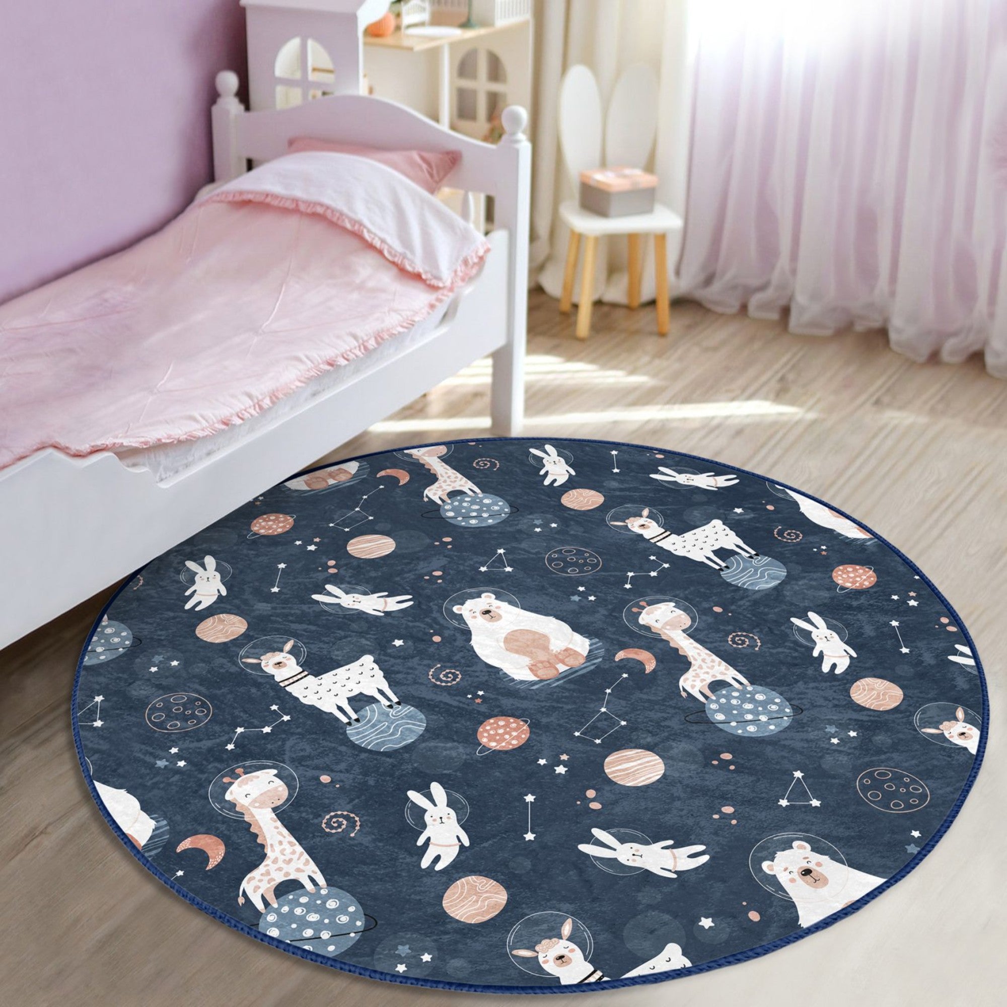 Cosmos Animals Space Pattern Kids Washable Round Rug featuring playful animal designs in a vibrant cosmic theme, perfect for children's rooms.