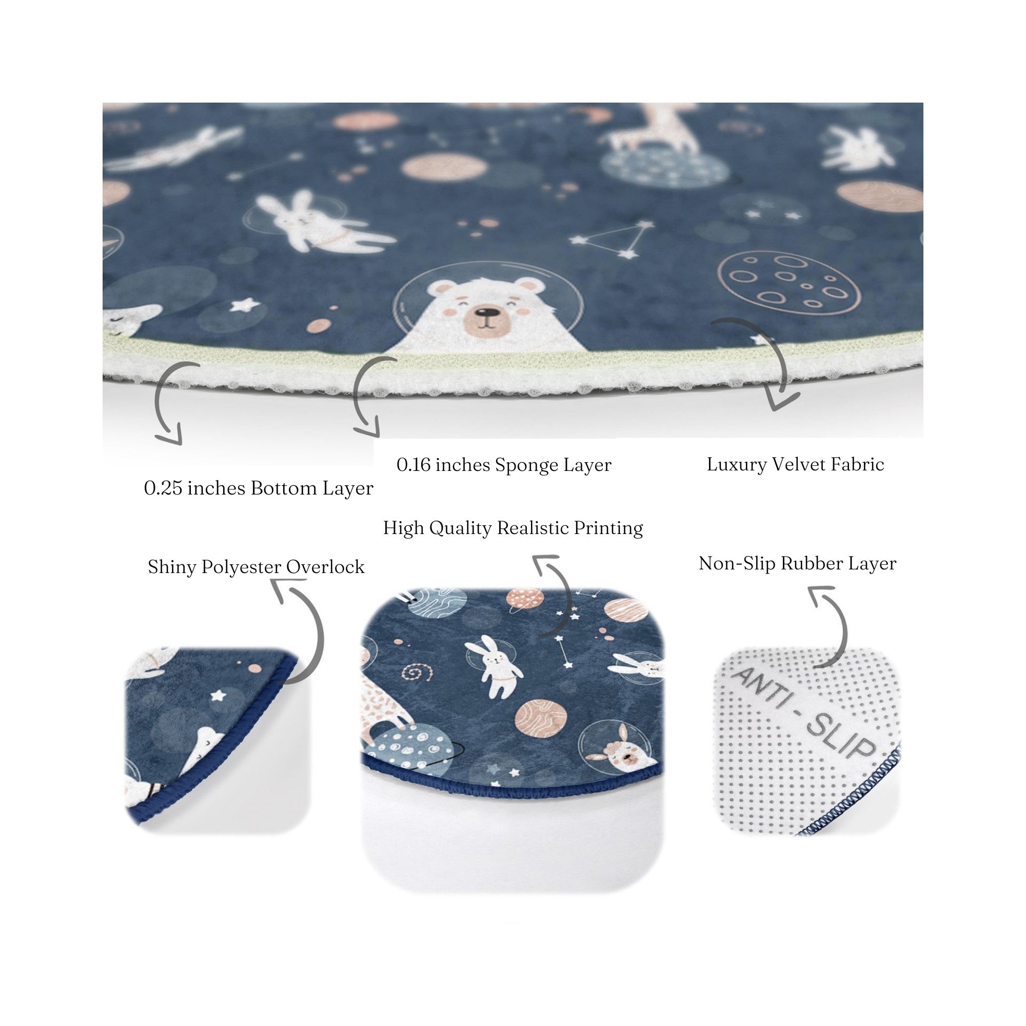 Cosmos Animals Space Pattern Kids Washable Round Rug featuring playful animal designs in a vibrant cosmic theme, perfect for children's rooms.