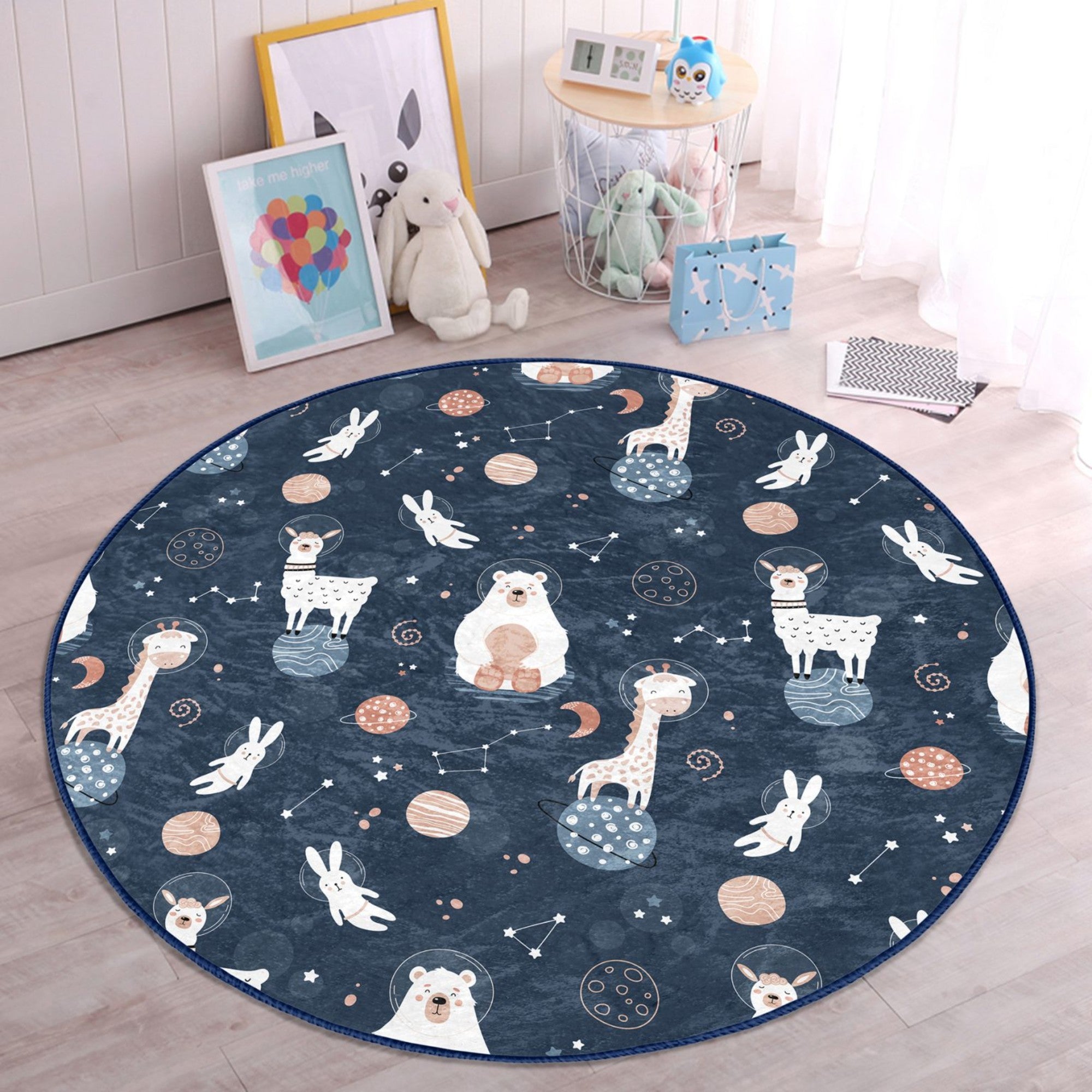 Cosmos Animals Space Pattern Kids Washable Round Rug featuring playful animal designs in a vibrant cosmic theme, perfect for children's rooms.