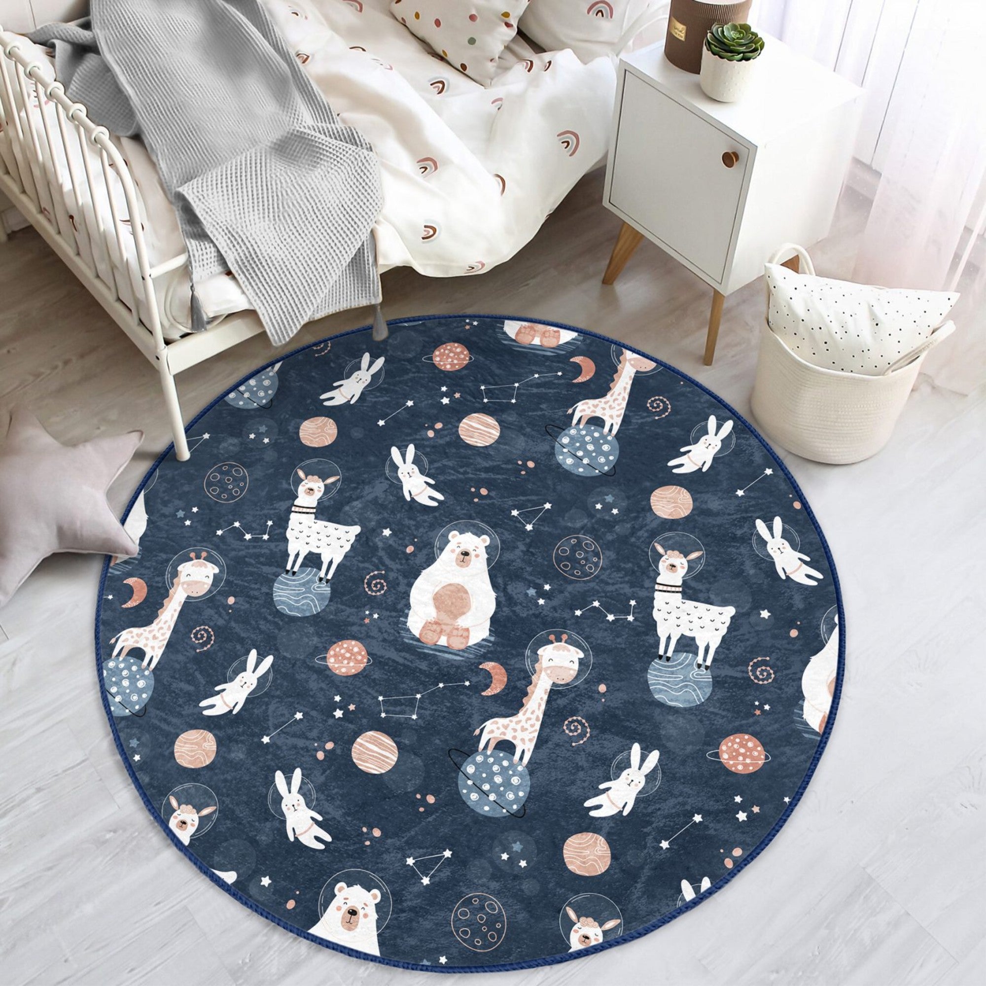 Cosmos Animals Space Pattern Kids Washable Round Rug featuring playful animal designs in a vibrant cosmic theme, perfect for children's rooms.