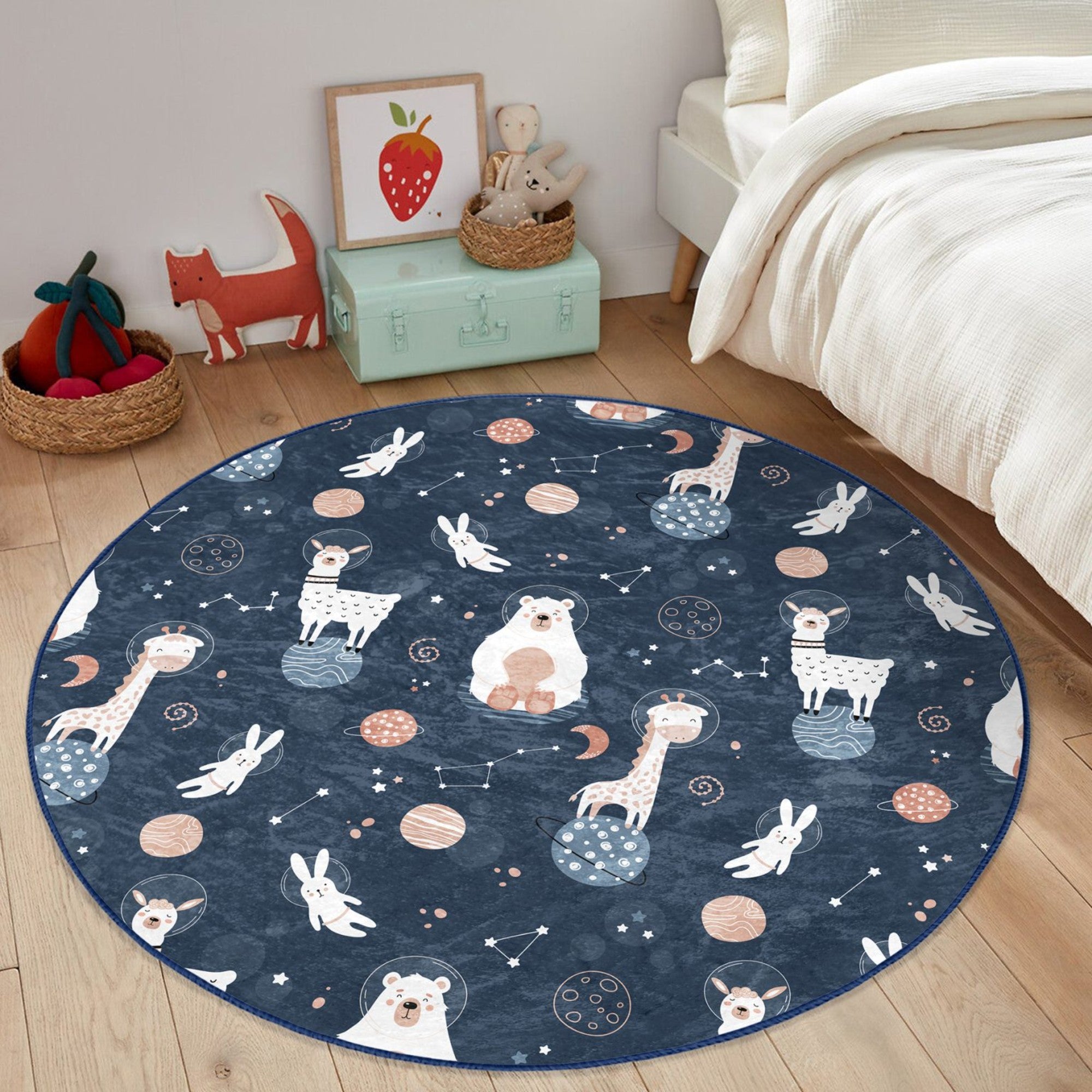 Cosmos Animals Space Pattern Kids Washable Round Rug featuring playful animal designs in a vibrant cosmic theme, perfect for children's rooms.