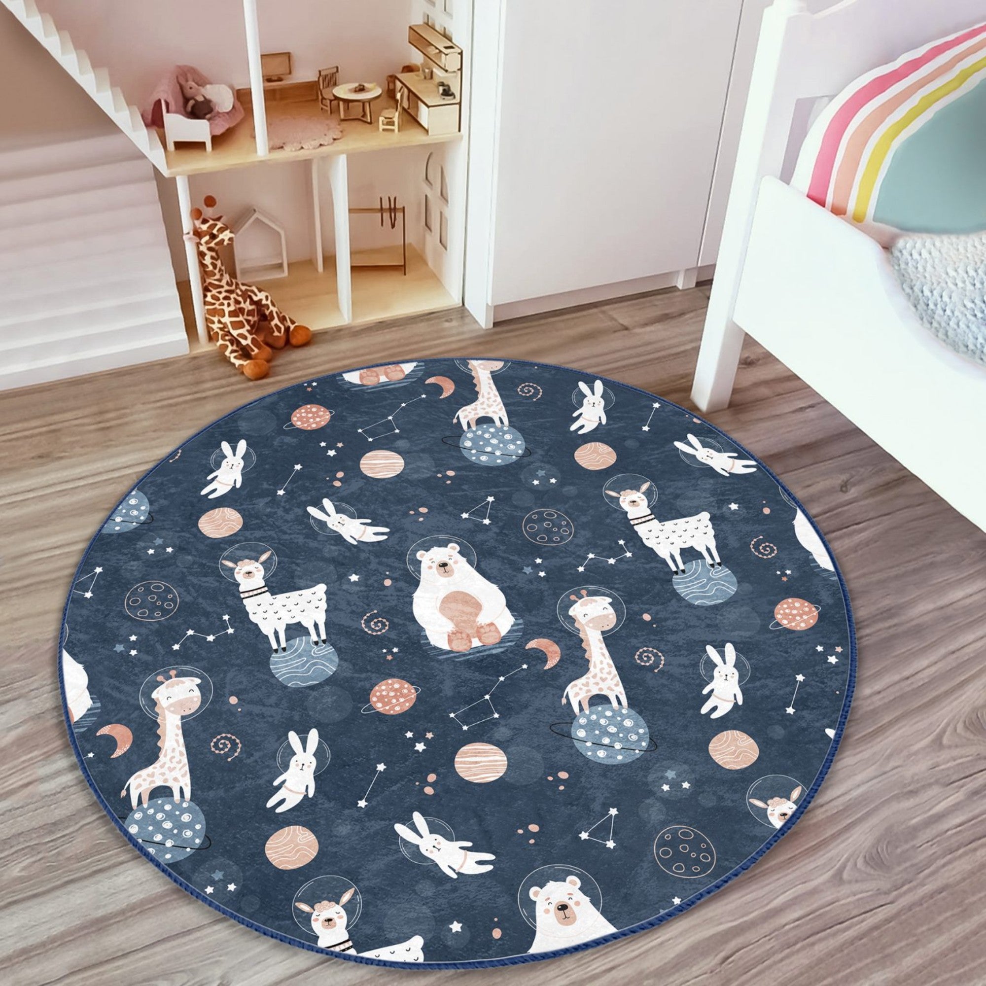 Cosmos Animals Space Pattern Kids Washable Round Rug featuring playful animal designs in a vibrant cosmic theme, perfect for children's rooms.
