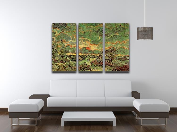 Three-panel canvas art featuring Van Gogh's Cottages and Cypresses, showcasing vibrant colors and intricate details.