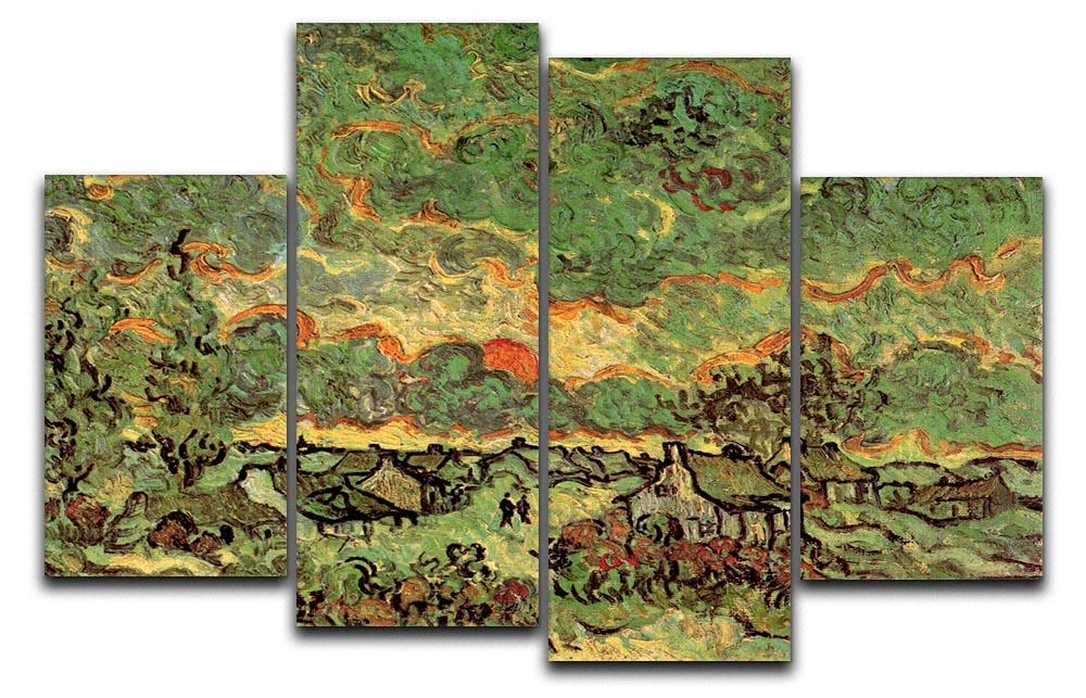 A 4-split canvas artwork featuring Van Gogh's Cottages and Cypresses, showcasing vibrant colors and serene landscapes across four panels.