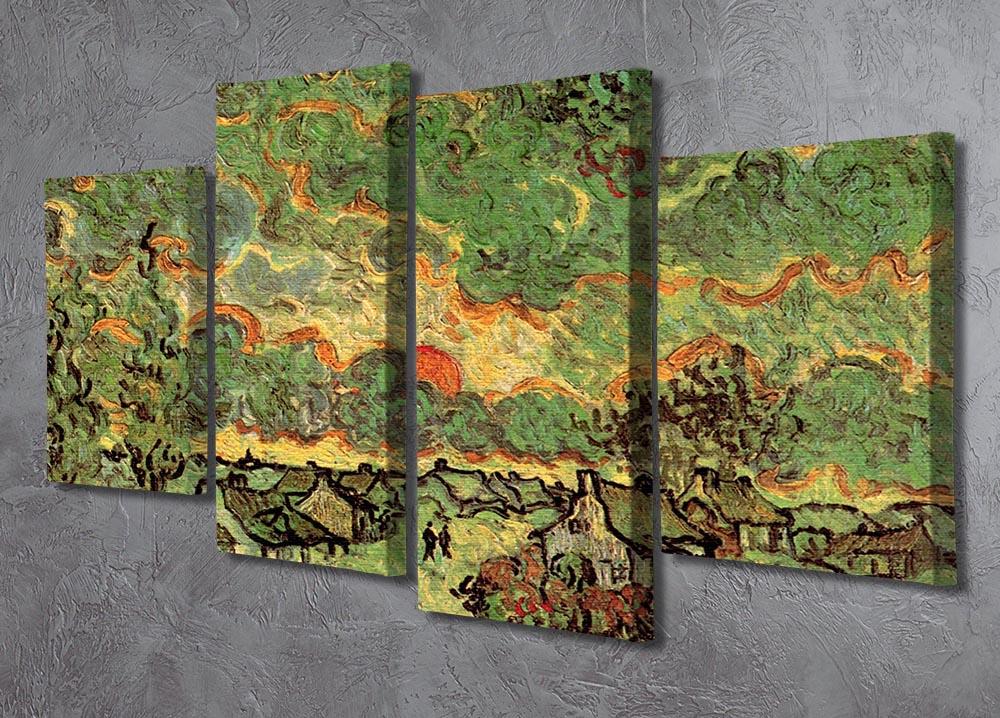 A 4-split canvas artwork featuring Van Gogh's Cottages and Cypresses, showcasing vibrant colors and serene landscapes across four panels.