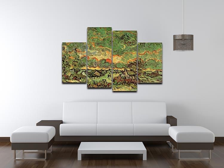 A 4-split canvas artwork featuring Van Gogh's Cottages and Cypresses, showcasing vibrant colors and serene landscapes across four panels.