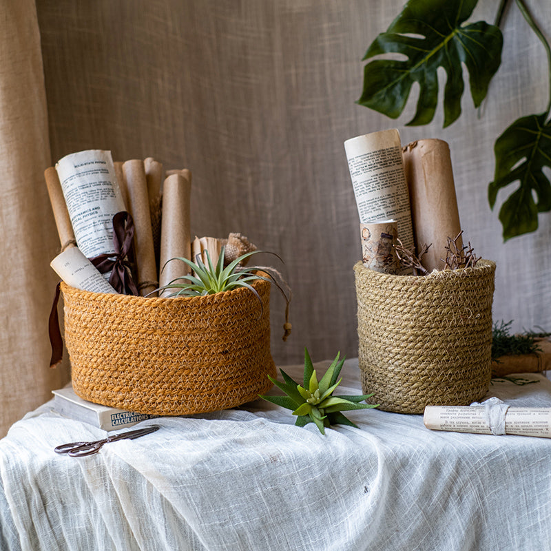 Cotton Rope Woven Basket Desktop Organizer in red, green, and yellow, showcasing its stylish design and practical use for desktop organization.