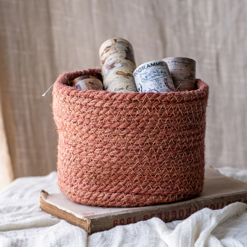 Cotton Rope Woven Basket Desktop Organizer in red, green, and yellow, showcasing its stylish design and practical use for desktop organization.