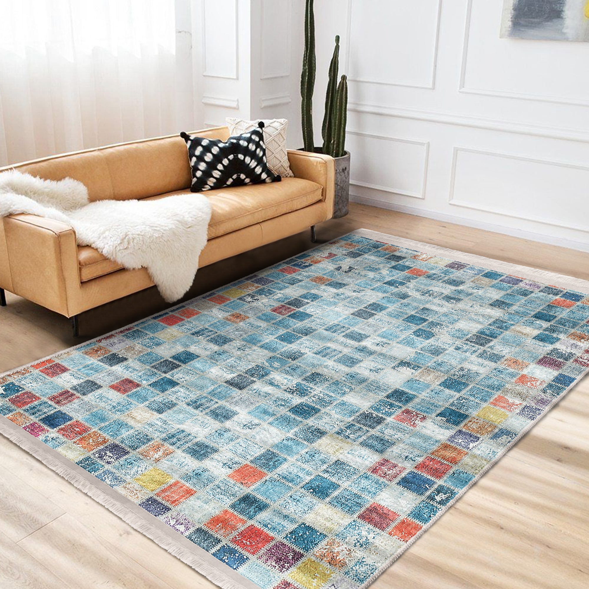 Country Farmhouse Checkered Rug featuring a classic checkered pattern with fringes, made from a soft cotton and polyester blend.