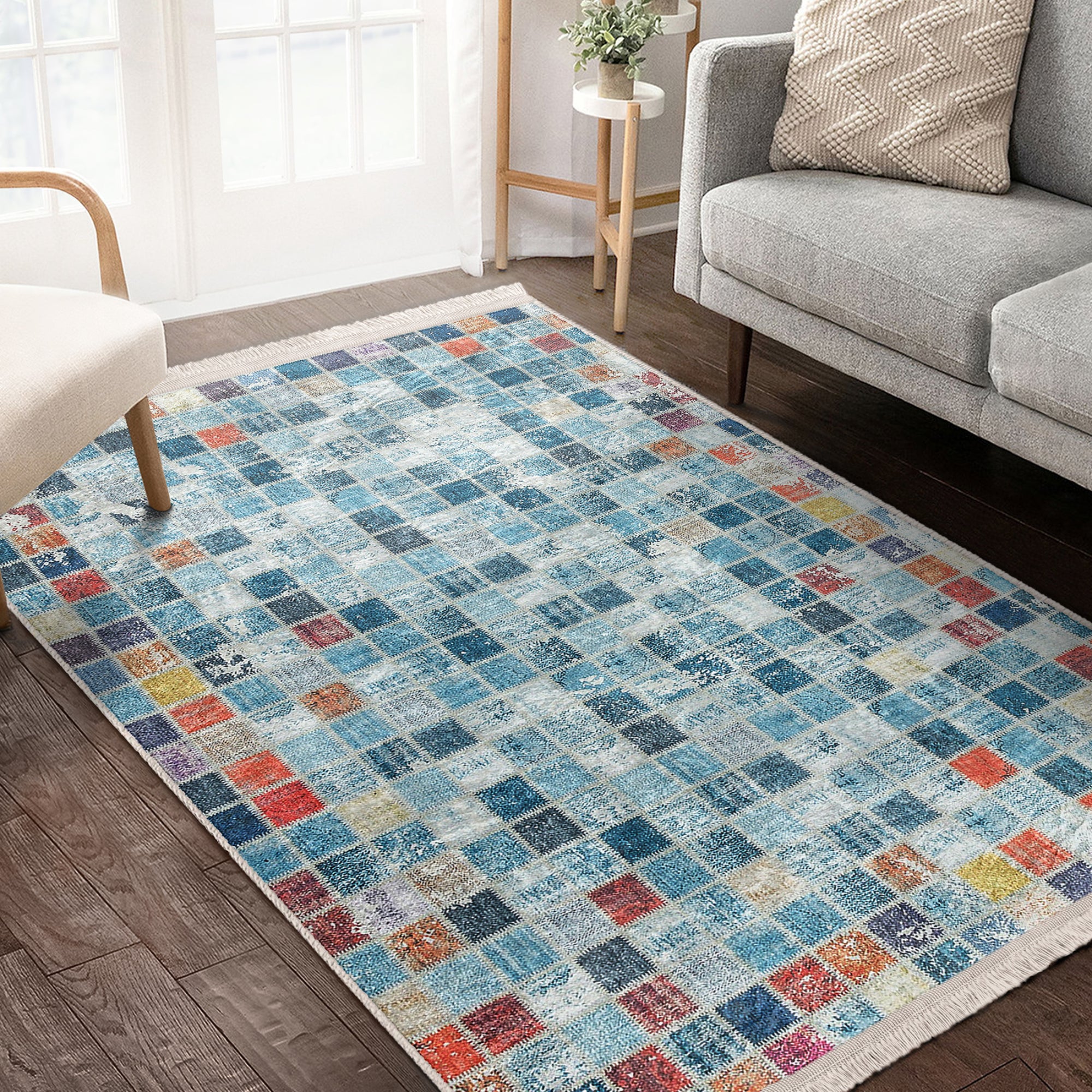 Country Farmhouse Checkered Rug featuring a classic checkered pattern with fringes, made from a soft cotton and polyester blend.
