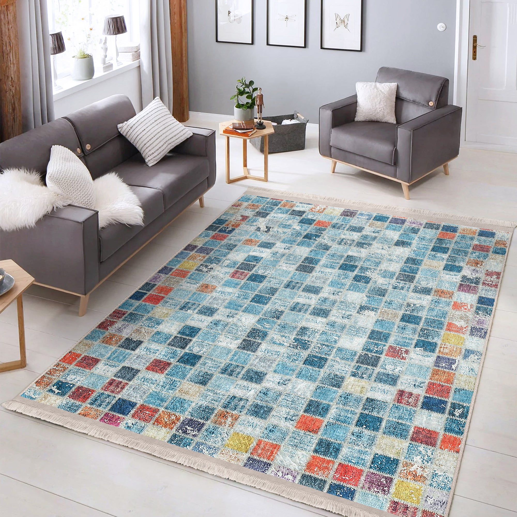Country Farmhouse Checkered Rug featuring a classic checkered pattern with fringes, made from a soft cotton and polyester blend.