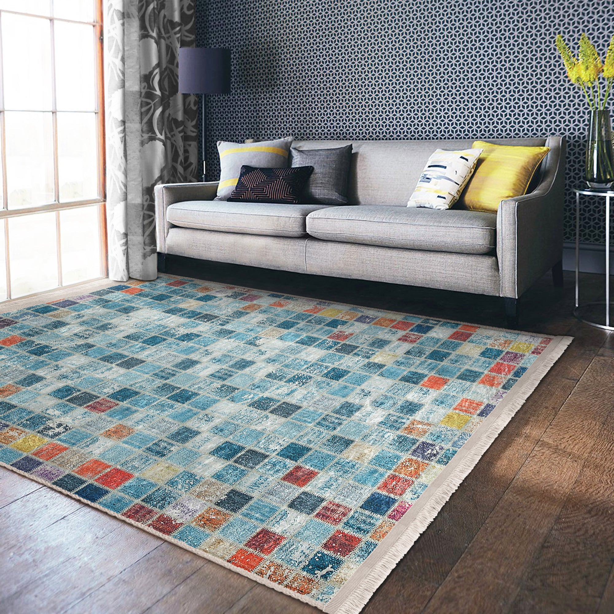 Country Farmhouse Checkered Rug featuring a classic checkered pattern with fringes, made from a soft cotton and polyester blend.