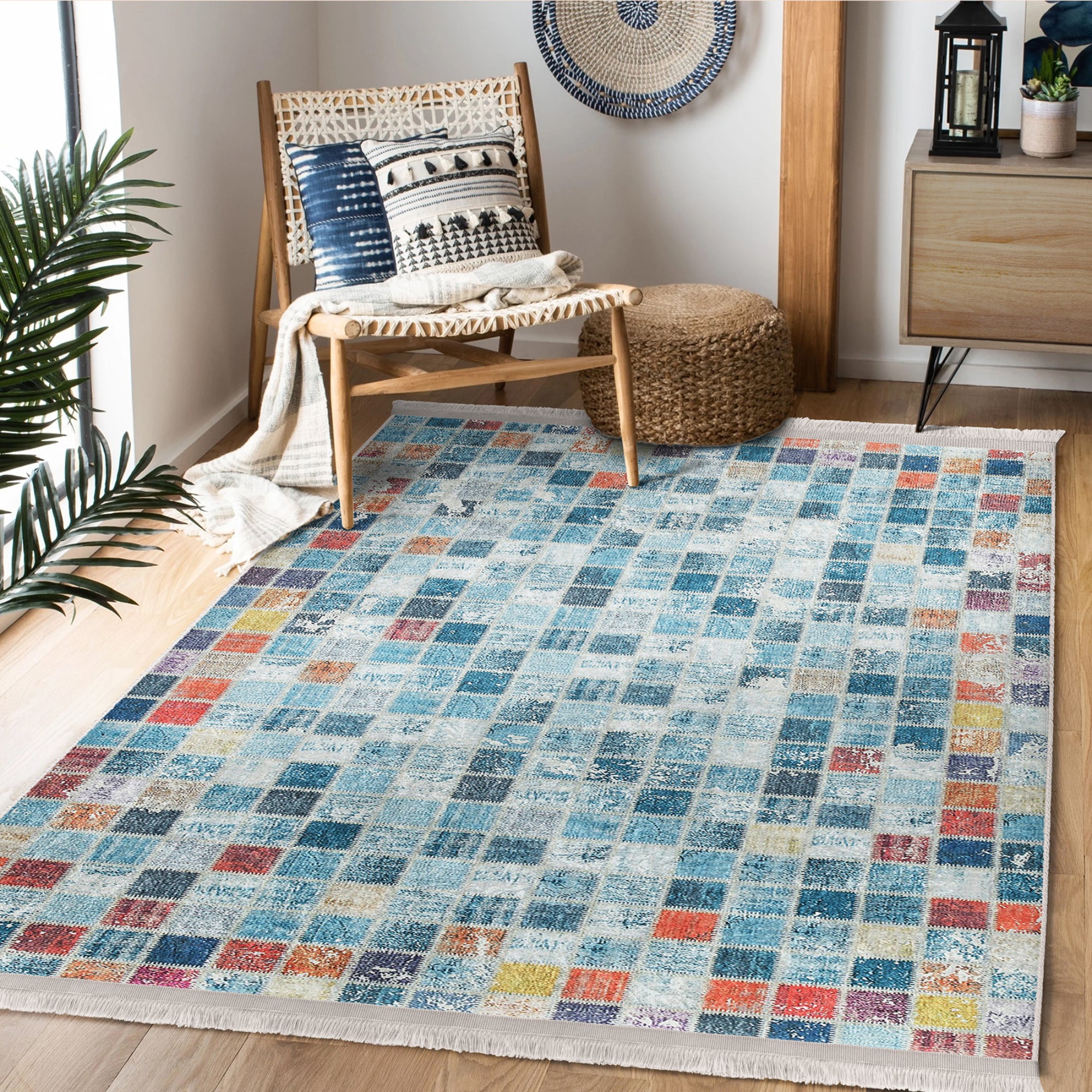 Country Farmhouse Checkered Rug featuring a classic checkered pattern with fringes, made from a soft cotton and polyester blend.