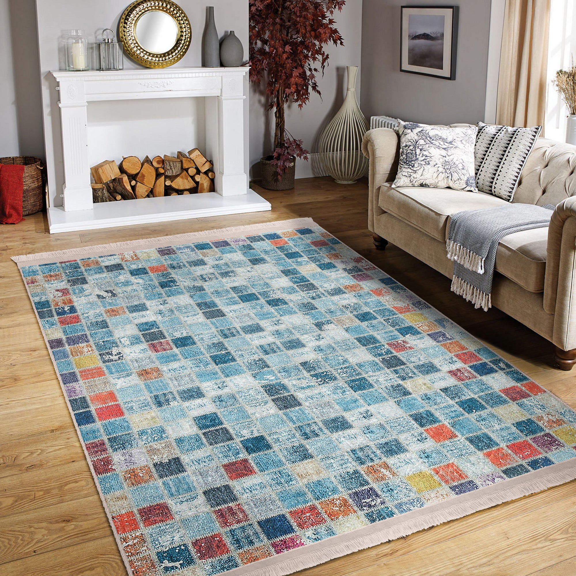 Country Farmhouse Checkered Rug featuring a classic checkered pattern with fringes, made from a soft cotton and polyester blend.
