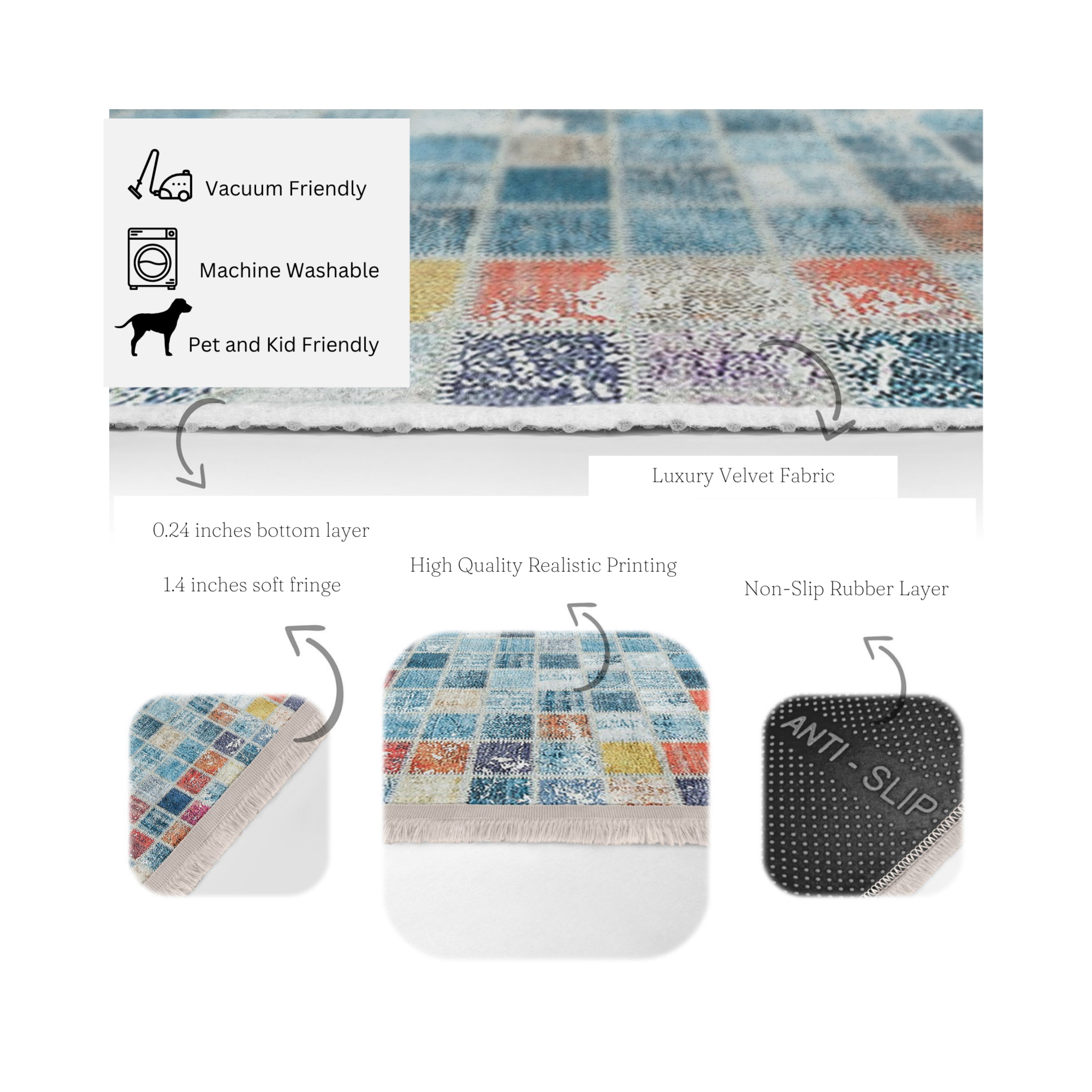 Country Farmhouse Checkered Rug featuring a classic checkered pattern with fringes, made from a soft cotton and polyester blend.