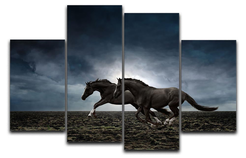 A stunning 4-split canvas artwork featuring two black horses, elegantly displayed in four panels.