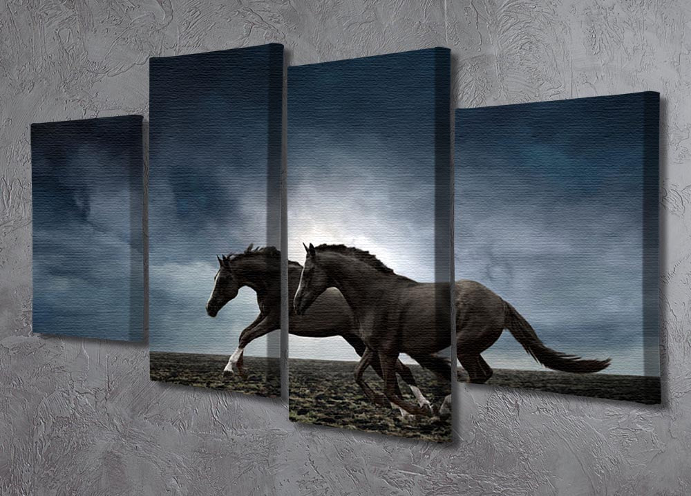 A stunning 4-split canvas artwork featuring two black horses, elegantly displayed in four panels.