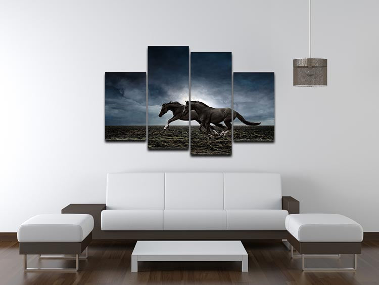 A stunning 4-split canvas artwork featuring two black horses, elegantly displayed in four panels.