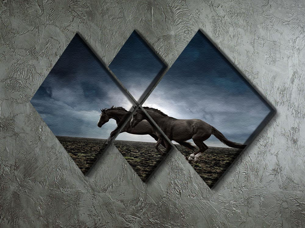 A beautiful multi-panel canvas artwork featuring a couple of black horses, divided into four equal sections for a striking visual effect.