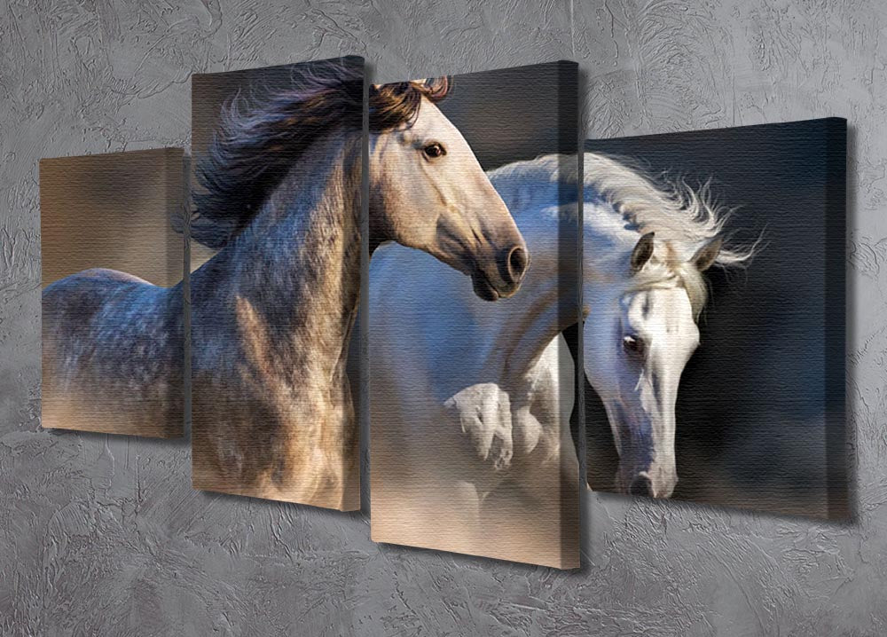 A beautiful 4-split canvas artwork depicting two horses running in dust during a vibrant sunset, showcasing dynamic movement and rich colors.