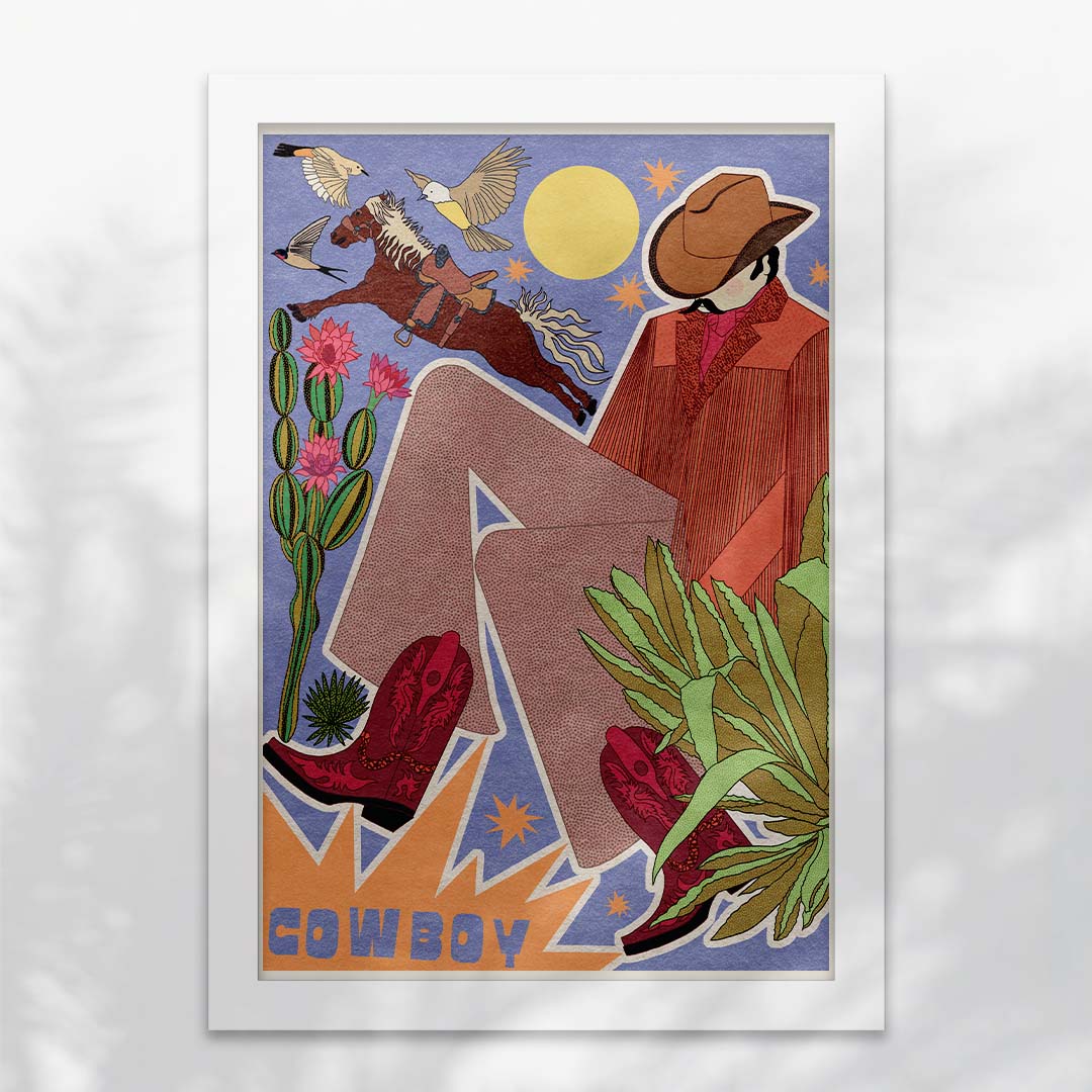 A retro-inspired Cowboy art print featuring a rugged cowboy, desert plants, birds, and a horse, available in A3 and A4 sizes.