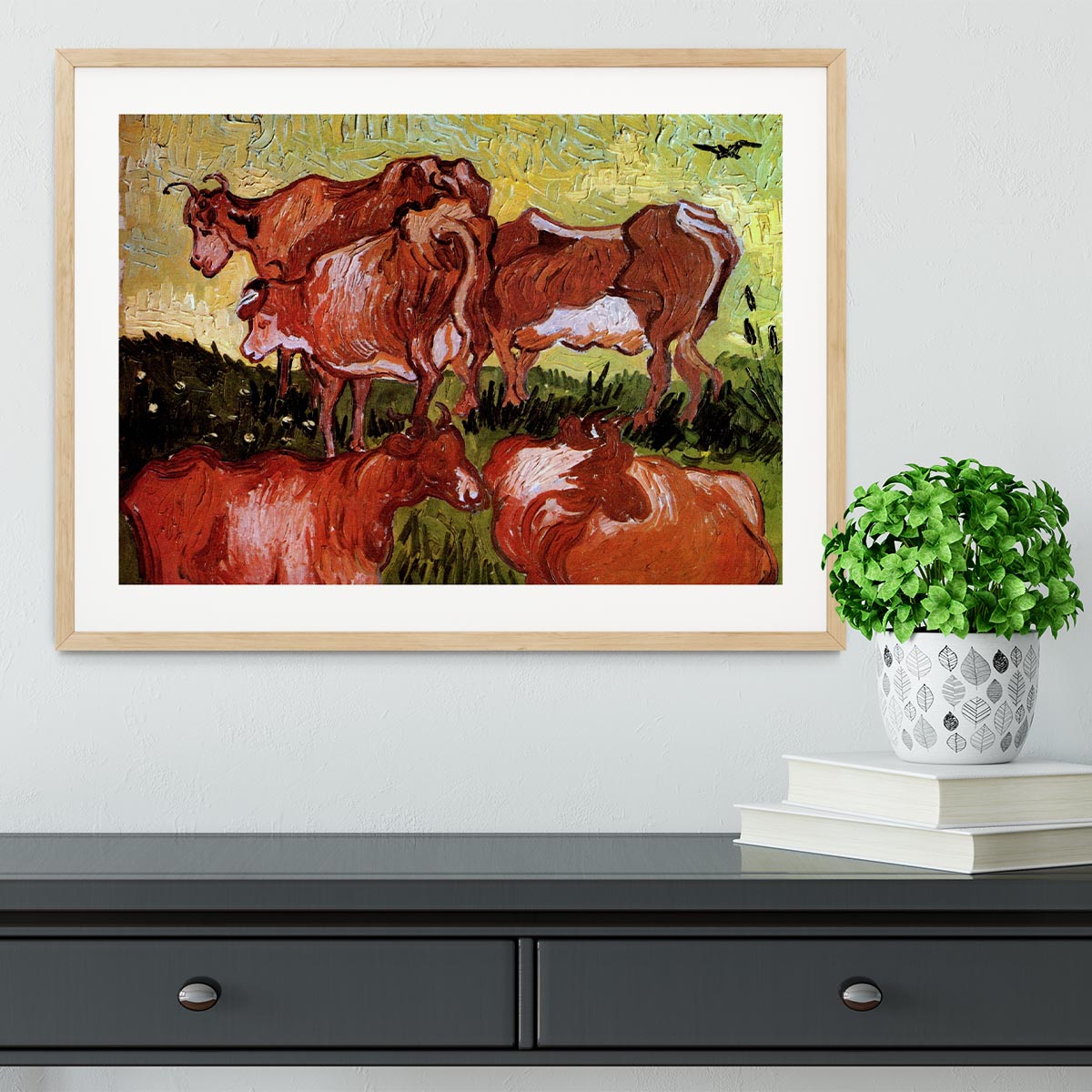 Framed print of Van Gogh's Cows after Jordaens, showcasing vibrant colors and quality craftsmanship in a stylish frame.