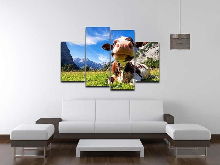 A beautiful 4-split canvas artwork featuring cows in the scenic Karwendel mountains of Austria, showcasing nature's tranquility.