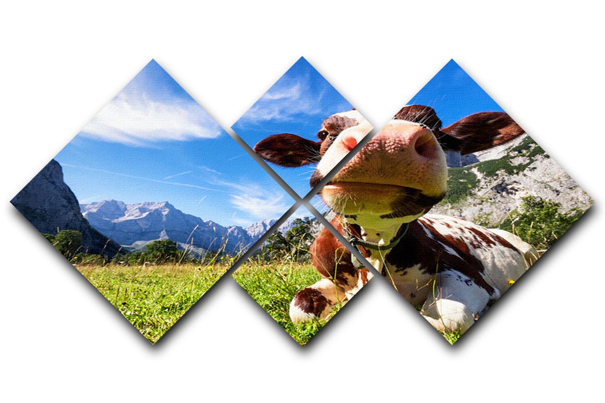 A beautiful 4-square canvas artwork depicting cows in the Karwendel Mountains of Austria, showcasing vibrant colors and serene landscape.