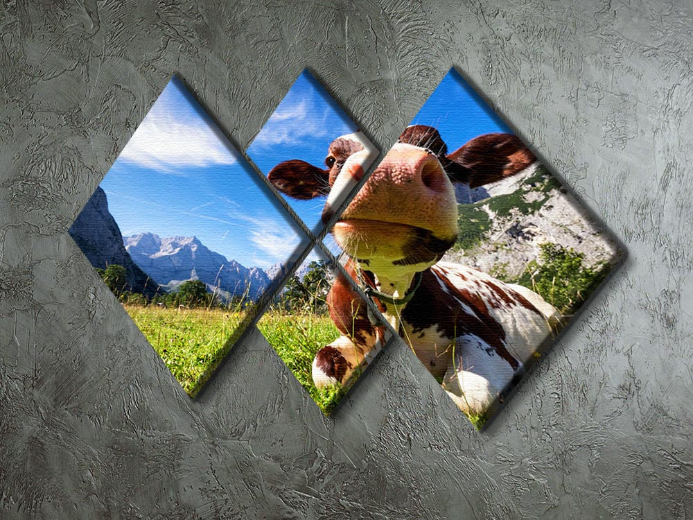A beautiful 4-square canvas artwork depicting cows in the Karwendel Mountains of Austria, showcasing vibrant colors and serene landscape.