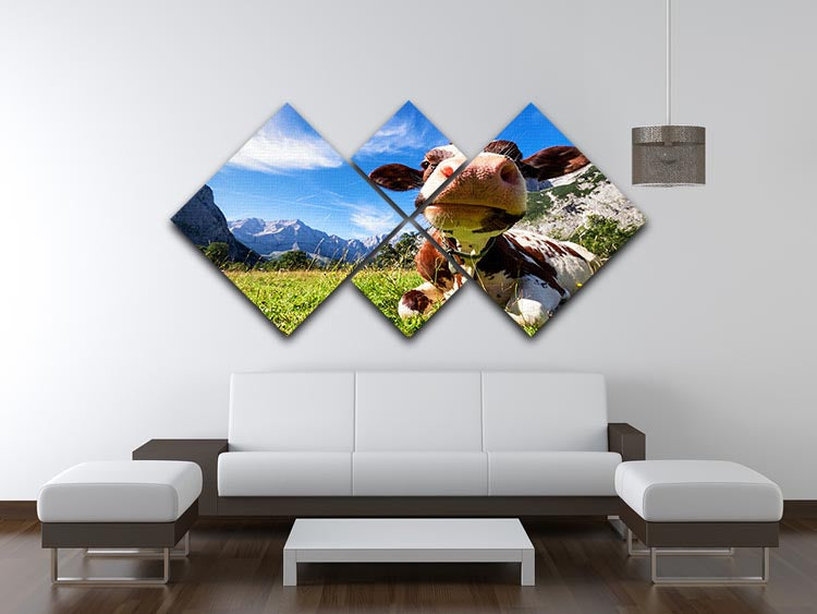 A beautiful 4-square canvas artwork depicting cows in the Karwendel Mountains of Austria, showcasing vibrant colors and serene landscape.