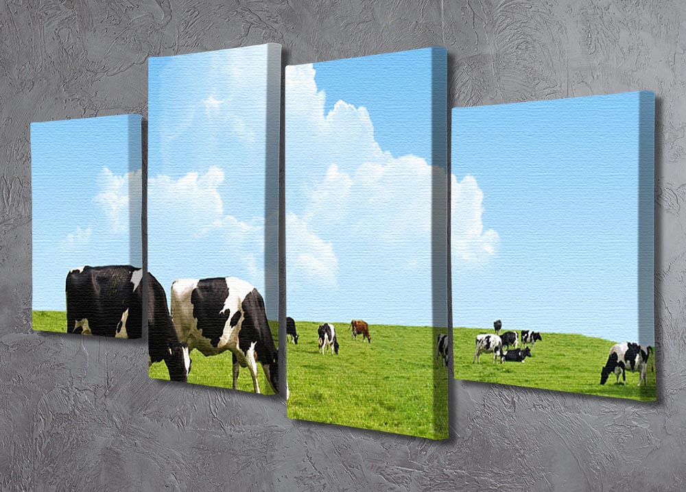 A beautiful 4-split canvas artwork depicting cows grazing on a lush farm, showcasing serene nature.