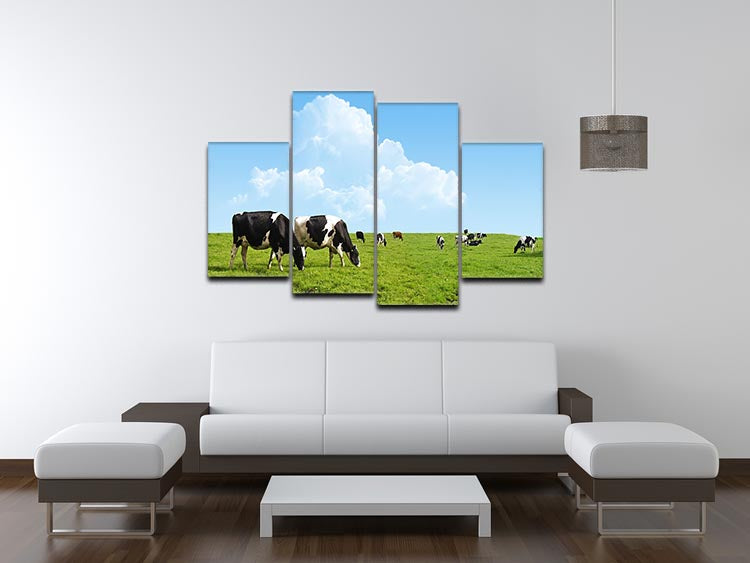 A beautiful 4-split canvas artwork depicting cows grazing on a lush farm, showcasing serene nature.