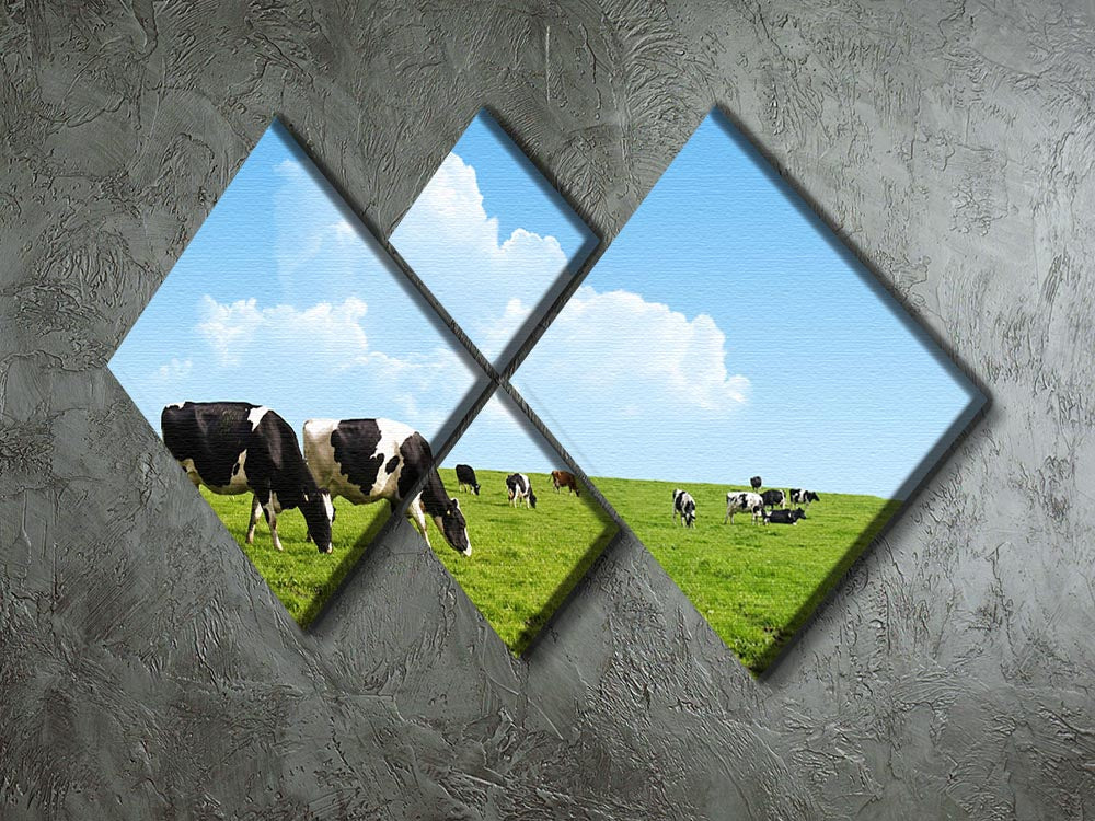 A beautiful 4-square canvas artwork depicting cows grazing on a lush green farm, showcasing serene pastoral scenery.