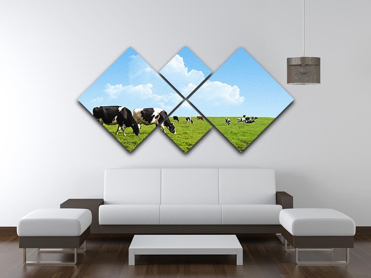 A beautiful 4-square canvas artwork depicting cows grazing on a lush green farm, showcasing serene pastoral scenery.