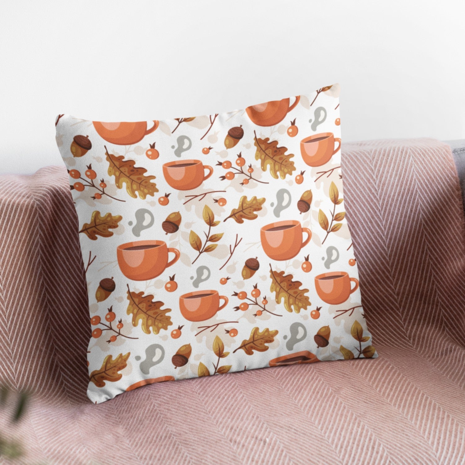 Cozy Fall Coffee Pattern Throw Pillow featuring autumn-themed design, perfect for home decor.