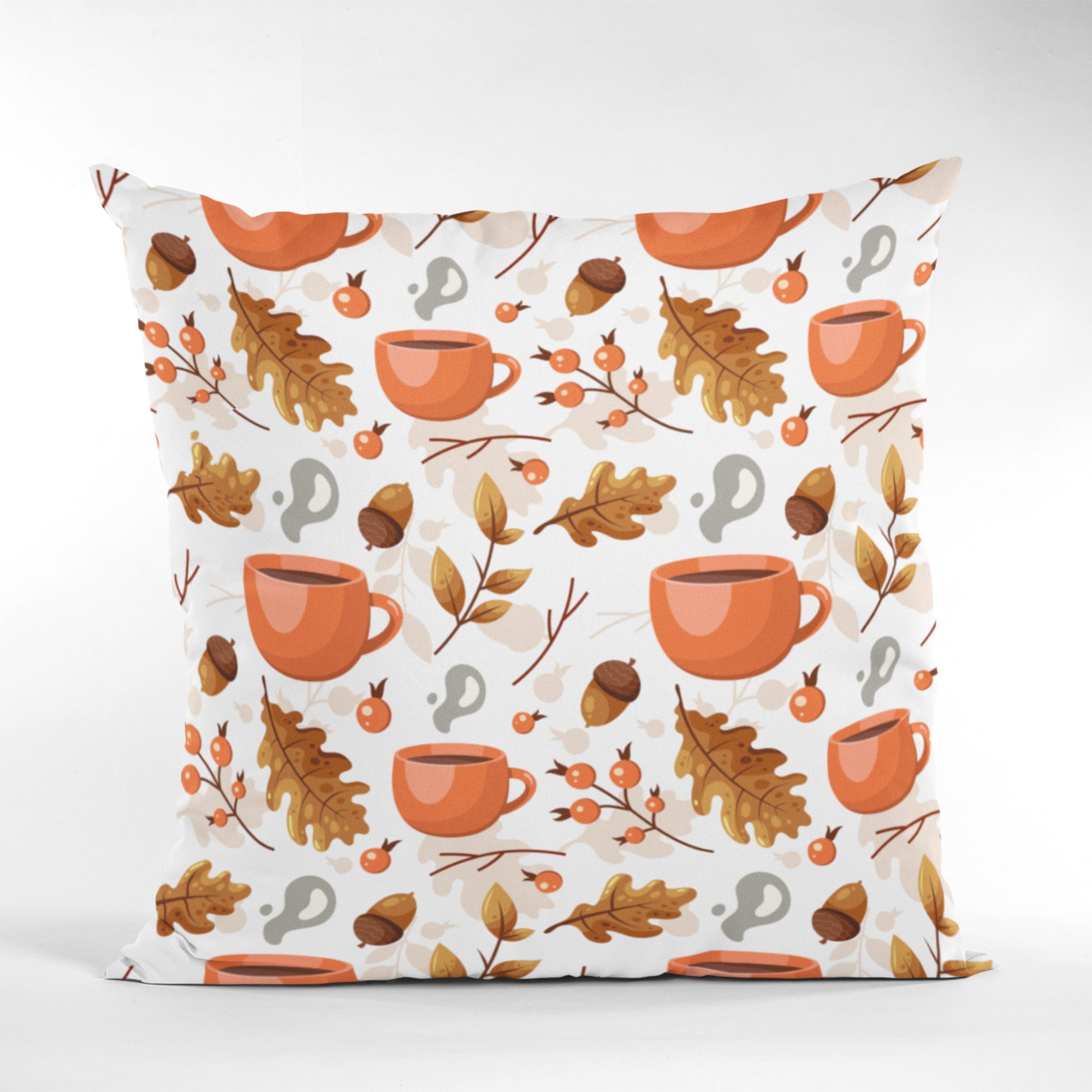Cozy Fall Coffee Pattern Throw Pillow featuring autumn-themed design, perfect for home decor.