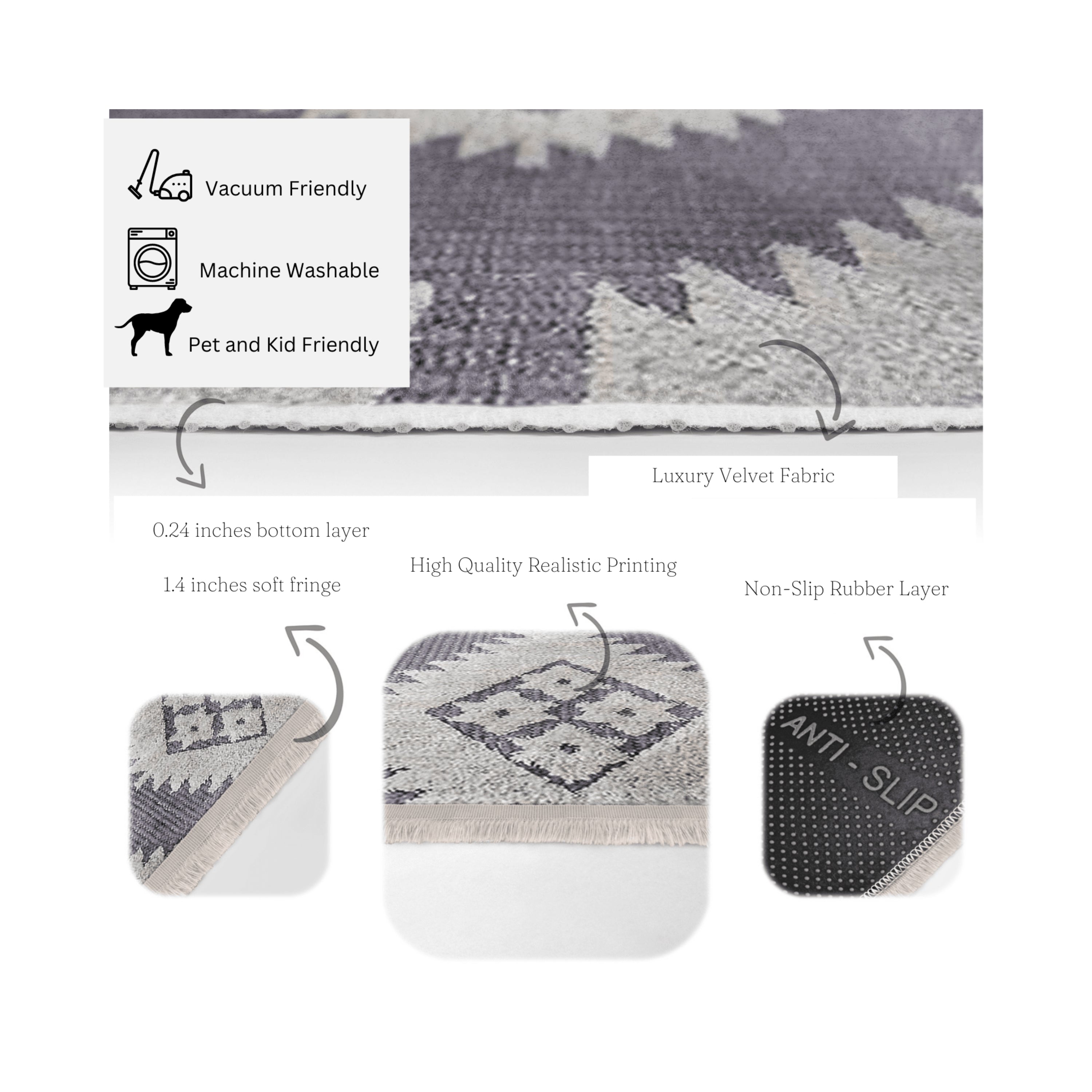 Cozy Home Washable Area Rug featuring vibrant colors, fringed edges, and a non-slip backing, perfect for enhancing home comfort.