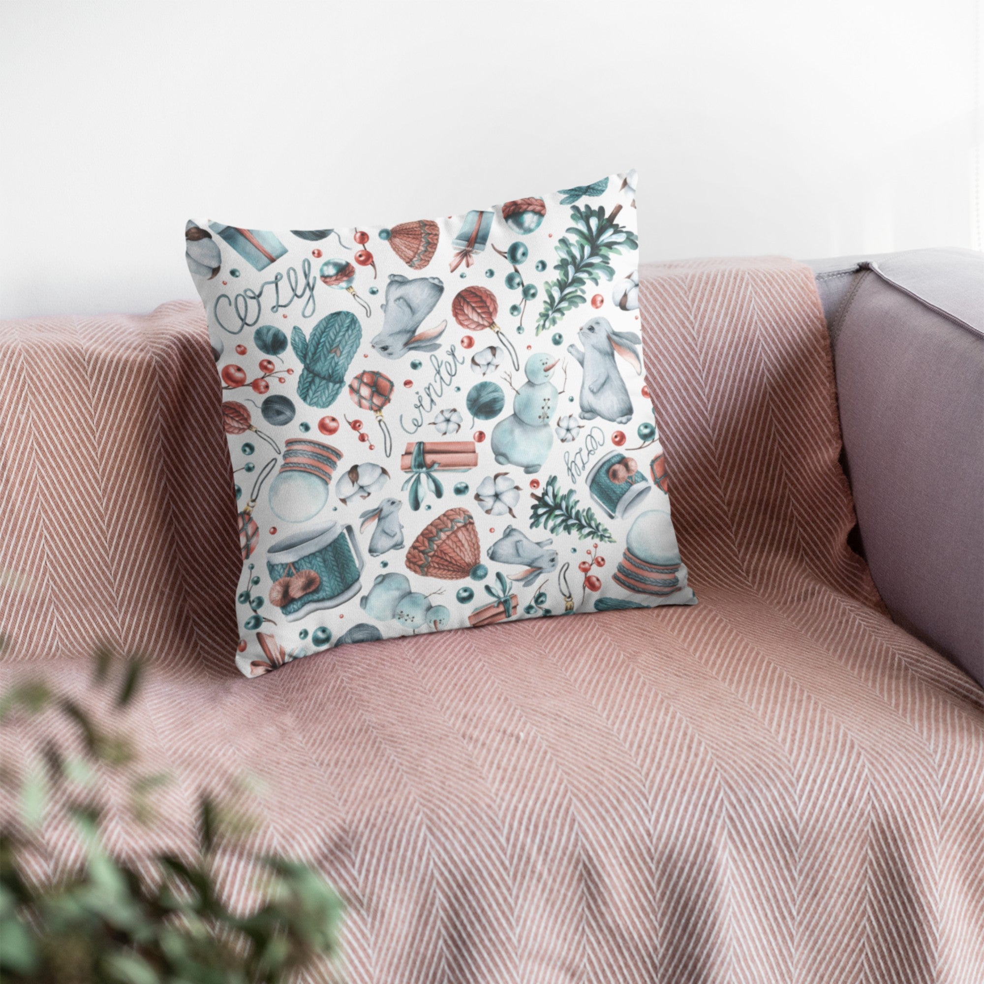 Cozy Winter Pattern Decorative Throw Pillow Cushion featuring soft tones and a winter-themed design, perfect for home decor.