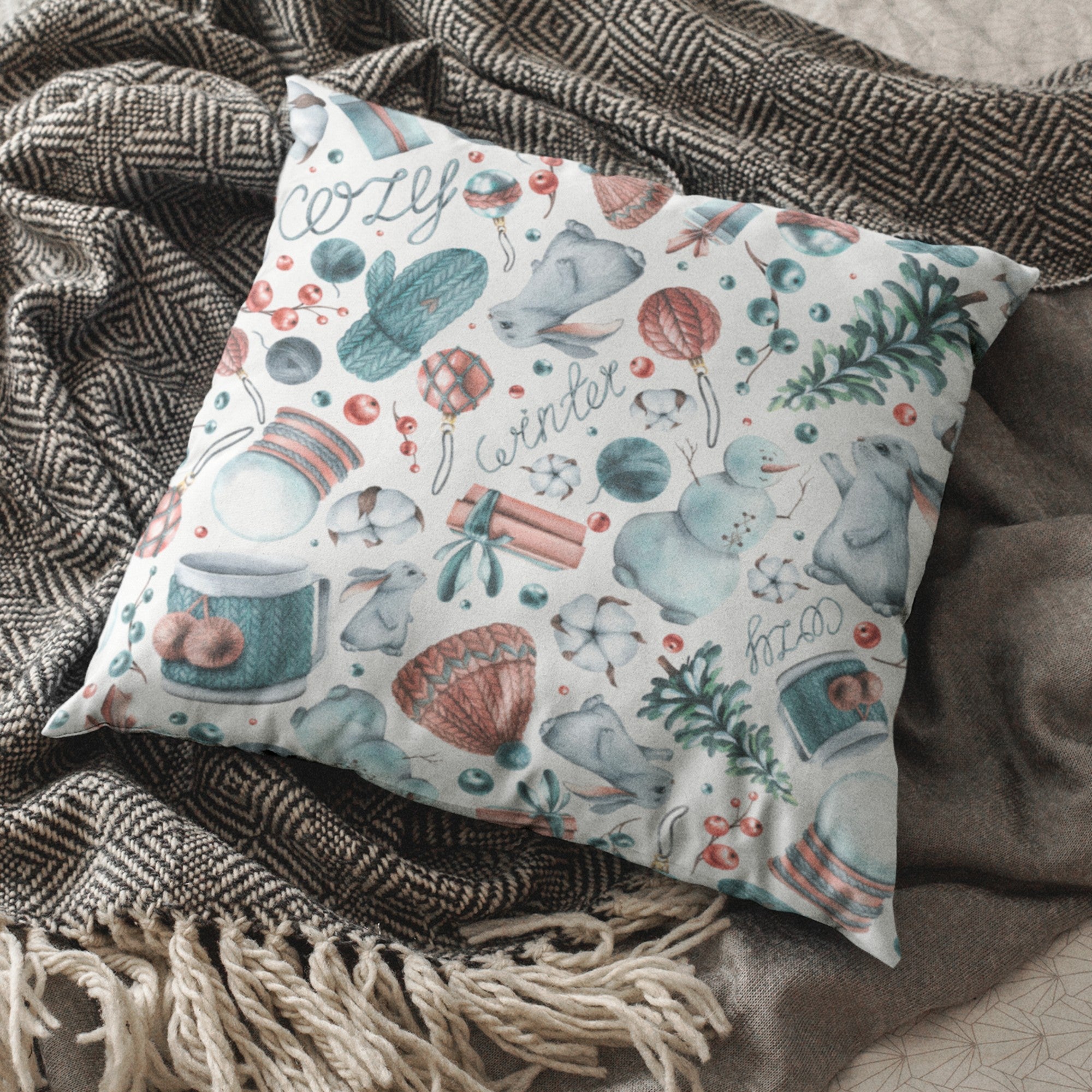 Cozy Winter Pattern Decorative Throw Pillow Cushion featuring soft tones and a winter-themed design, perfect for home decor.