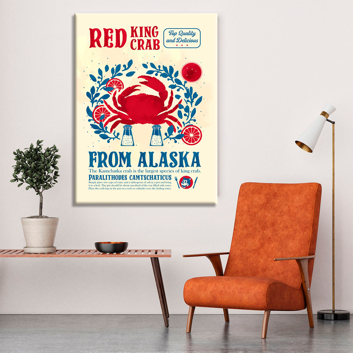 A vibrant crab kitchen print canvas showcasing a detailed crab design, perfect for enhancing kitchen decor.