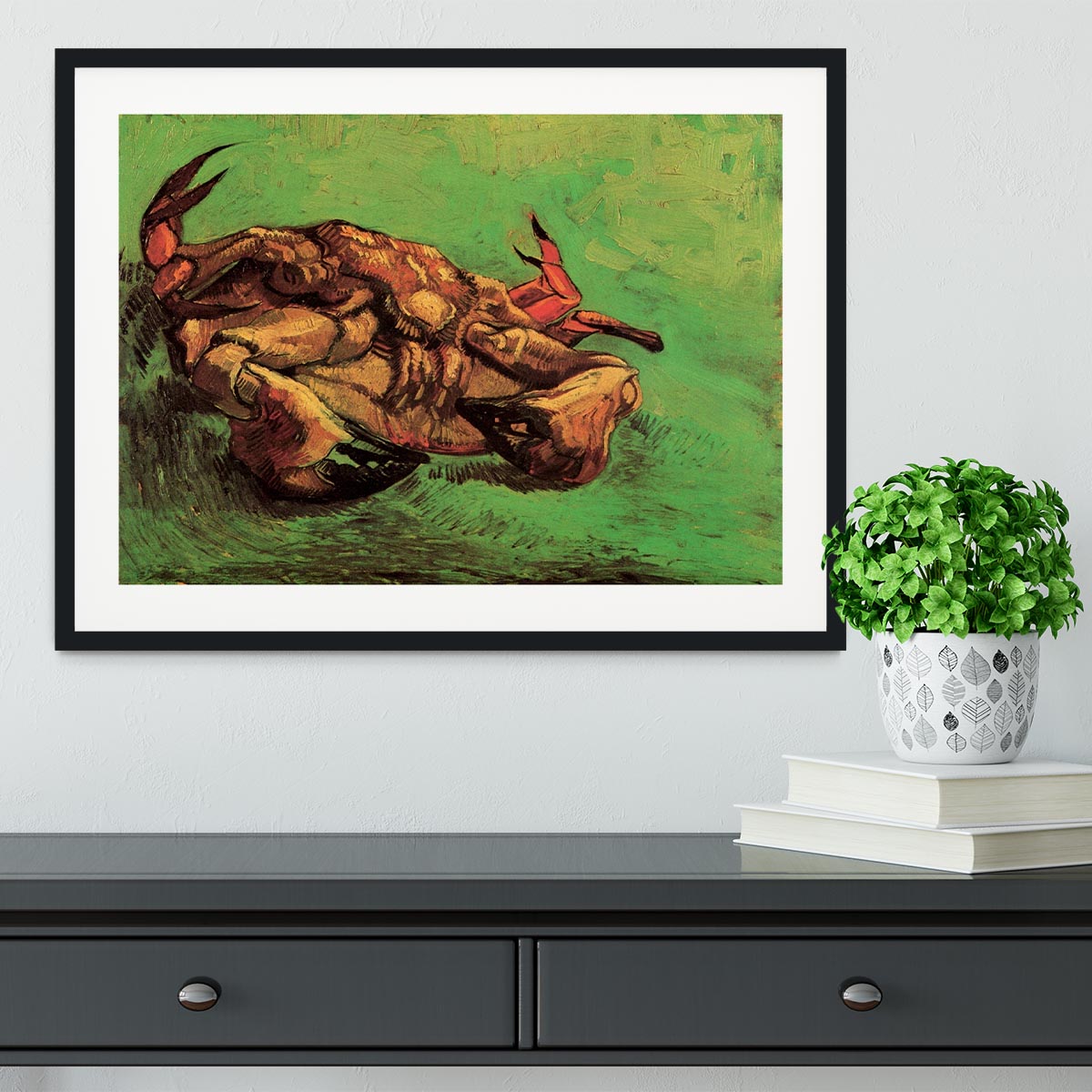 Framed print of Van Gogh's Crab on Its Back, showcasing vibrant colors and intricate details in a stylish frame.
