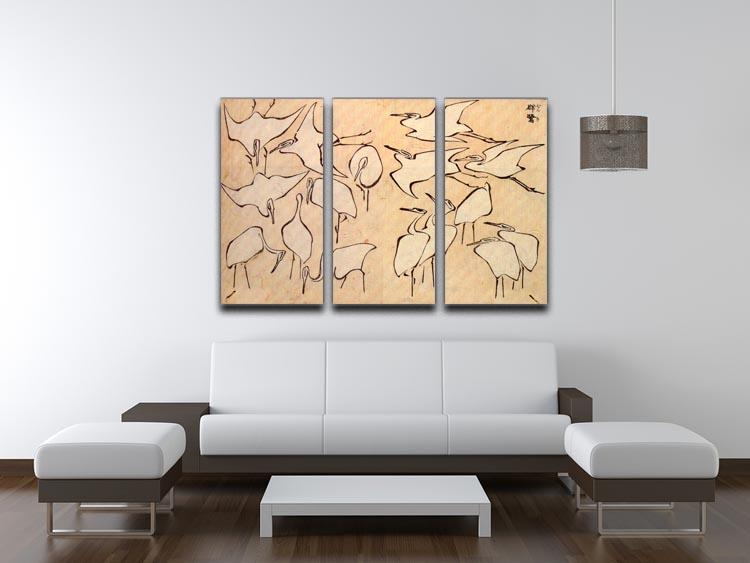 Cranes by Hokusai 3 Split Panel Canvas Print showcasing three panels of elegant crane artwork, perfect for home decor.