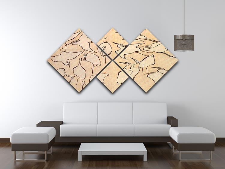 A beautiful 4-square multi-panel canvas featuring Hokusai's cranes artwork, showcasing intricate details and vibrant colors.