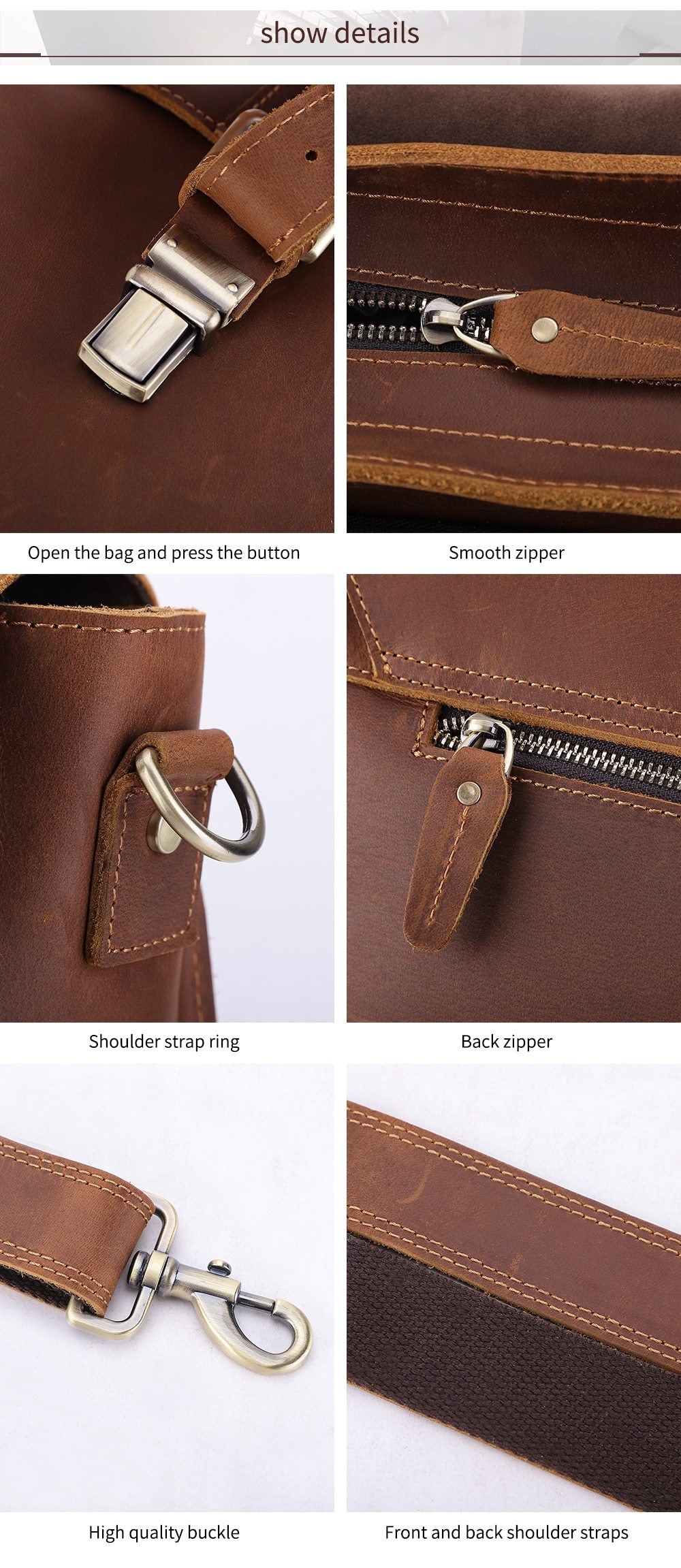 Vintage Crazy Horse Leather Large Briefcase for men, featuring a stylish design with multiple pockets and a durable zipper closure.