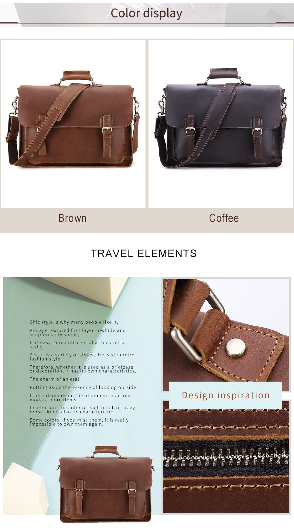 Vintage Crazy Horse Leather Large Briefcase for men, featuring a stylish design with multiple pockets and a durable zipper closure.