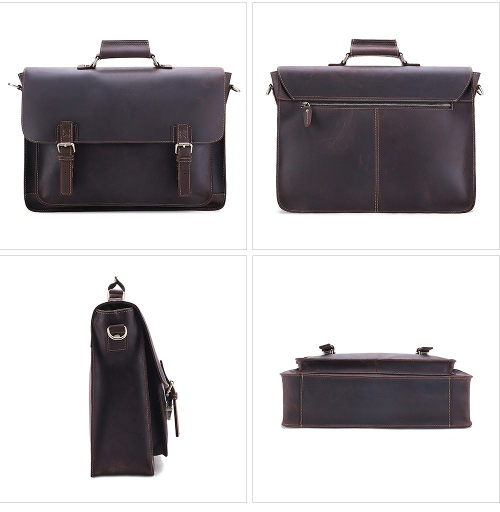Vintage Crazy Horse Leather Large Briefcase for men, featuring a stylish design with multiple pockets and a durable zipper closure.