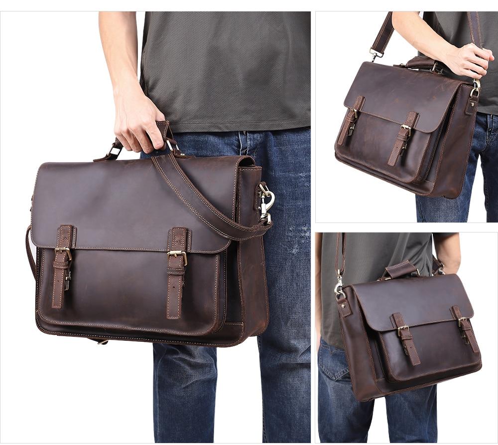 Vintage Crazy Horse Leather Large Briefcase for men, featuring a stylish design with multiple pockets and a durable zipper closure.